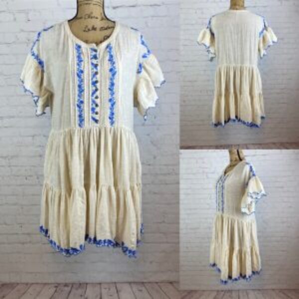 Free People Blue Embroidered Tiered Dress