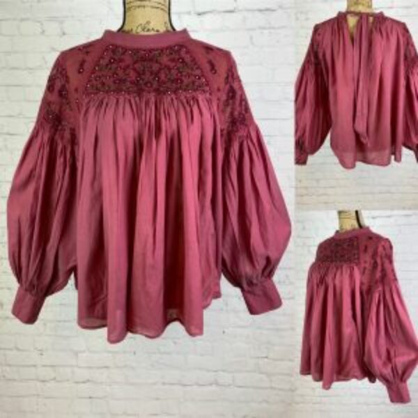 Free People Burgandy Beaded Details Balloon Sleeve Top