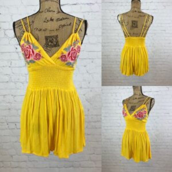 Forever 21 Yellow Crinkly Embroidered Cami Romper