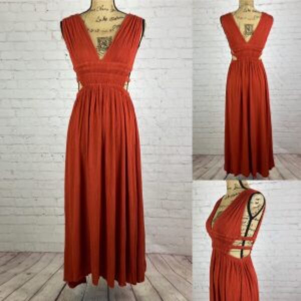 Windsor Crinkly Rust V Neckline Strappy Cutout Sides Maxi