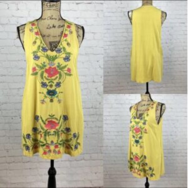 Umgee Yellow Embroidered Side Pockets Dress