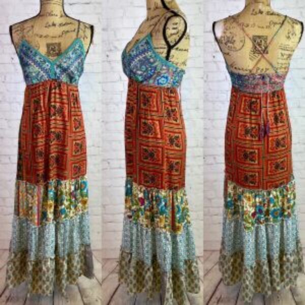 Patchwork Cami Style Multi Tier Strappy Back Maxi