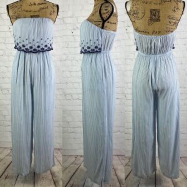 Jessica Simpson Strapless Embroidered Eyelet Pinstripe Jumpsuit
