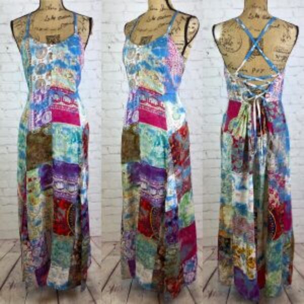 Into The Mystic Patchwork Lace Up Back Flared Maxi