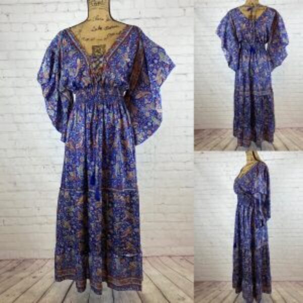 Periwinkle Blue Paisley Multi Tier Lace Up Front Maxi