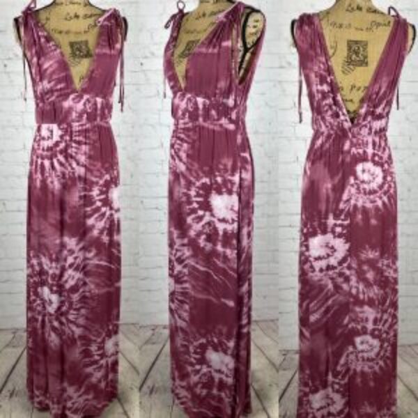 Rokoko Crinkly Mauve Tie Dyed Plunge Front Low Back Maxi