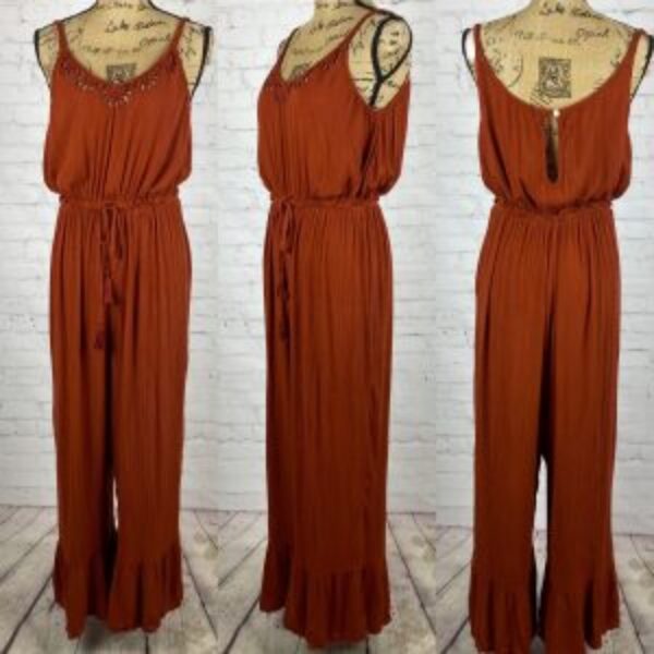 Patrons Of Peace Crinkly Rust Front Cutouts Ruffle Wide Leg Jumpsuit