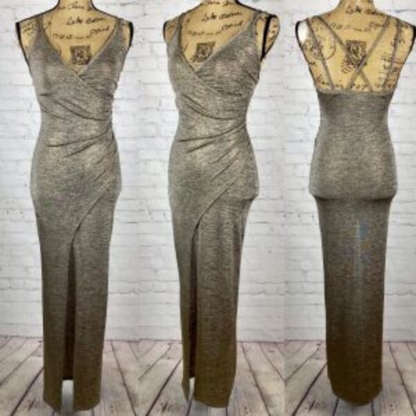 Windsor Strappy Crossfront Gold Shimmer Ruched Bodycon Maxi