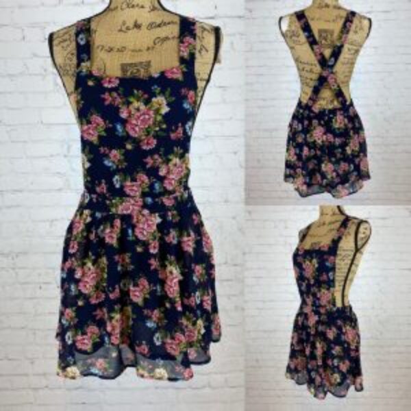 Forever 21 Navy Blue Floral Print Overall Mini Dress