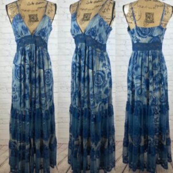 Peace & Love Indigo Blue Multi Tier Cami Style Lace Details Maxi