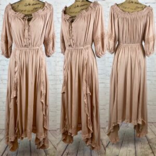 FATE Taupe On/Off Shoulder Peasant Style Layered Asymetrical Hem Maxi