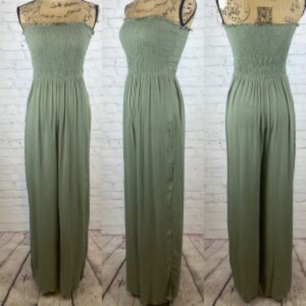 Forever 21 Sage Green Crinkly Strapless Wide Leg Jumpsuit