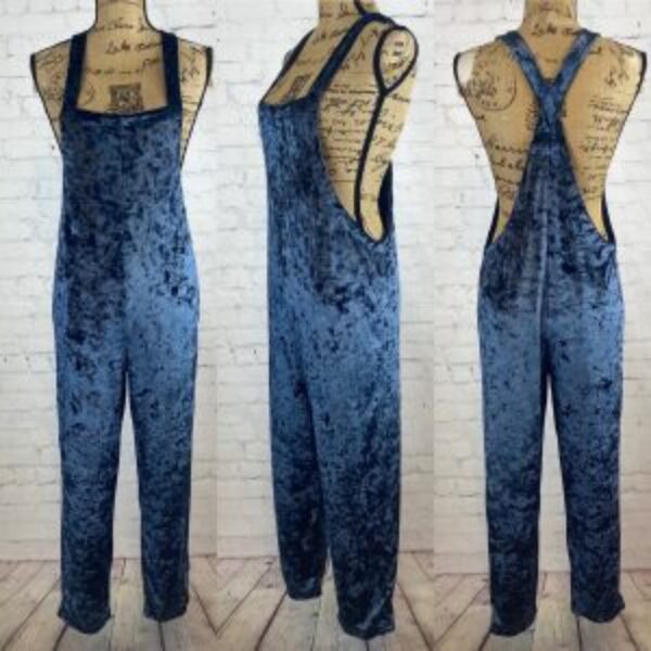 Urban Outfitters Midnight Blue Crush Velvet Overall Jumpsuit