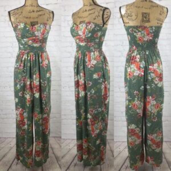 Band of Gypsies Green Floral Strapless Bustier Wide Leg Jumpsuit