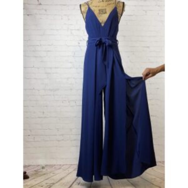 GB Navy Blue Plunge Front Strappy Back Wide Leg Jumpsuit