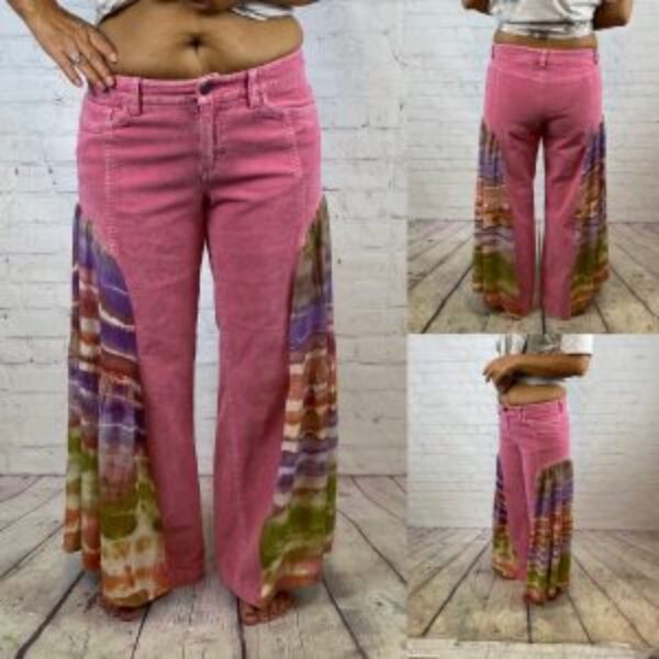 Upcycled Pink Corduroy Ice Tie Dyed Flared Leg Pants
