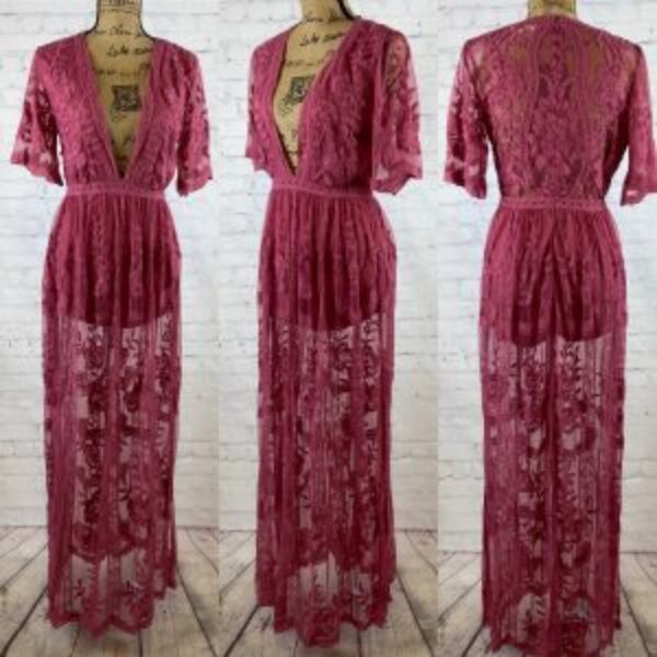 Honey Punch Wine Plunge Front Lace Maxi