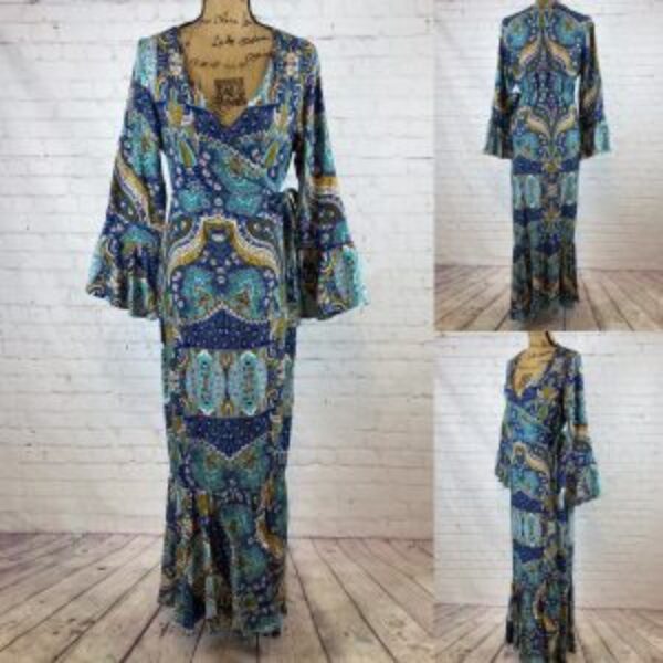 Teal Paisley Crossfront Bell Sleeve Ruffled Wrap Maxi