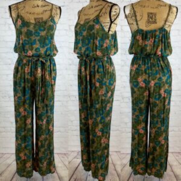 SO Crinkly Green Floral Belted Wide Leg Jumpsuit