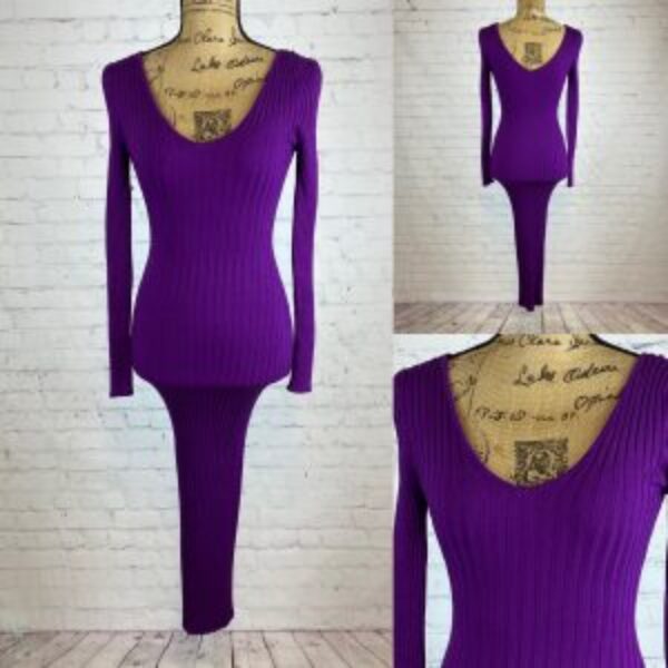 Fashion Nova Berry Purple Ribbed V Neckline Bodycon Midi Dress