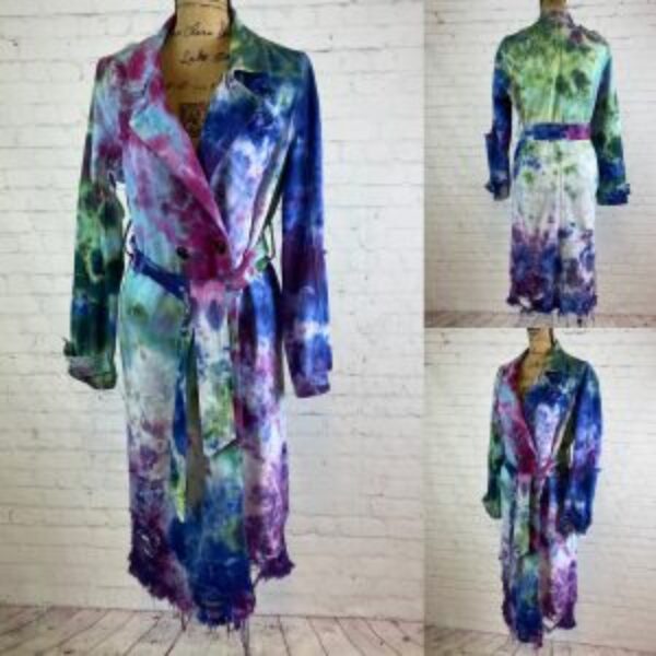 Upcycled Ice Tie Dyed Distressed Double Breast Long Jean Jacket