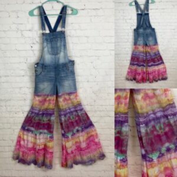 Upcycled Denim Shortalls & Ice Tie Dyed Tiered Bell Bottoms
