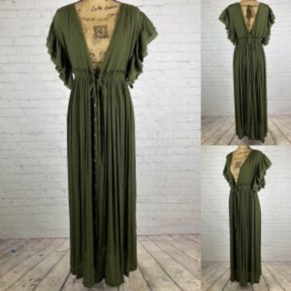 Flawless Army Green Crinkly Plunge Front V Back Button Down Maxi