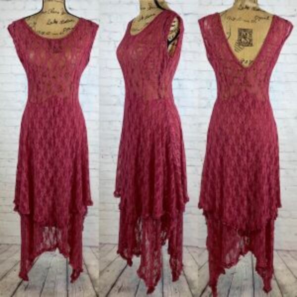 Rose Colored Lace V Back Layered Asymetrical Hem Dress