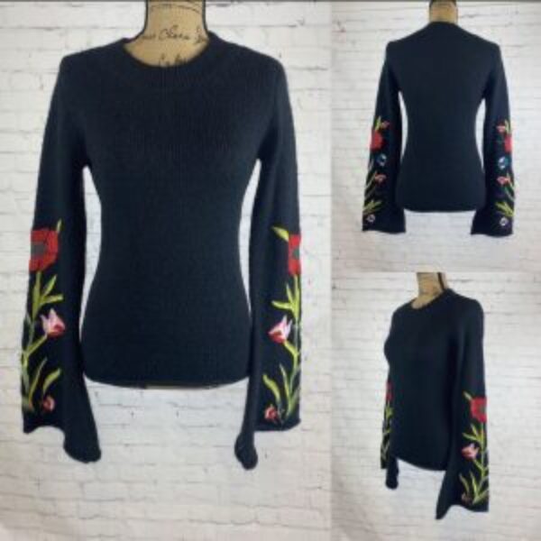 Romeo & Juliet Couture Fuzzy Black Embroidered Bell Sleeve Sweater