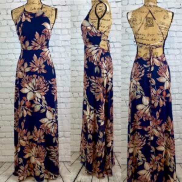 Lulus Blue Floral Criss Cross Open Back Maxi