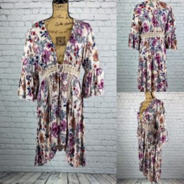 Blue Rain Crinkly Floral Open Front Bell Sleeve Kimono