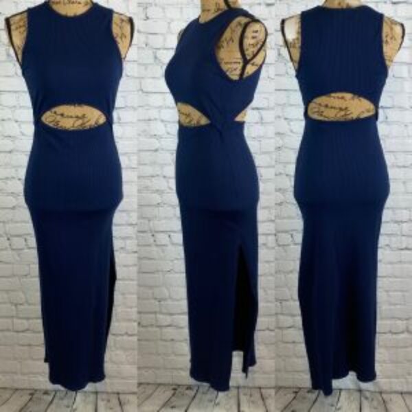 Lulus Navy Blue Ribbed Cutouts Bodycon Midi Dress