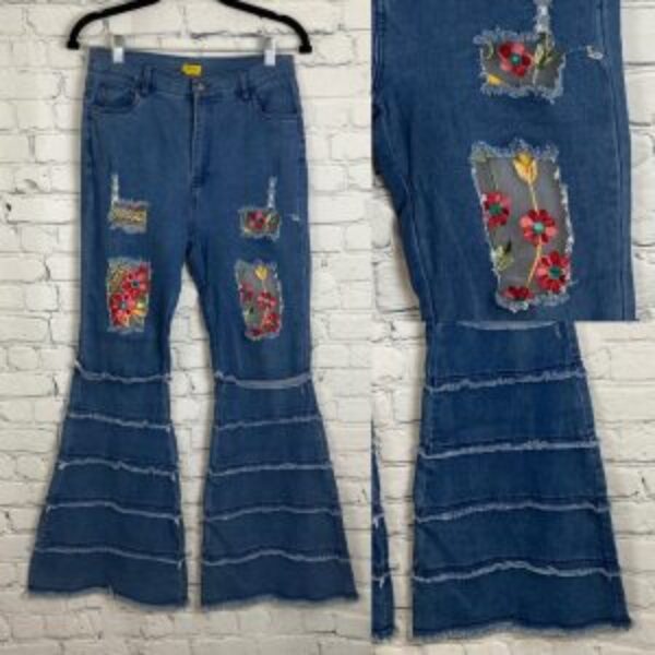 Daisy High Waist Sheer Embroidered Distressed Bell Bottom Jeans