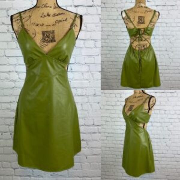 Fashion Nova Olive Green Faux Leather Lace Up Back Dress