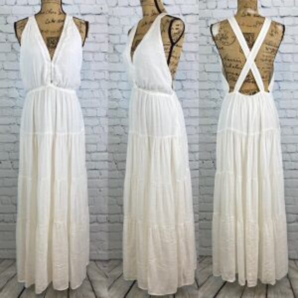 Wishlist White Crinkly Plunge Front Open Back Multi Tier Maxi