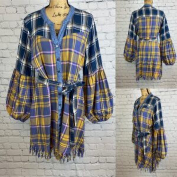 Denim & Plaid Fringed Lantern Sleeve Belted Shirt Dress