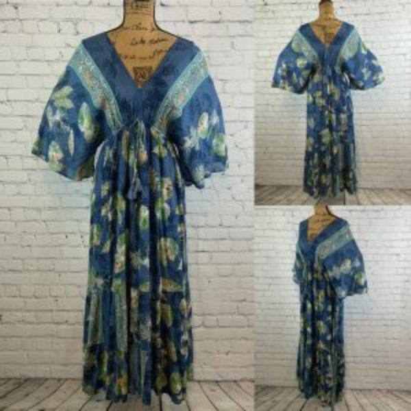 Zury Blue Leaf Pattern Gold Threading V Back Kimono Sleeve Maxi