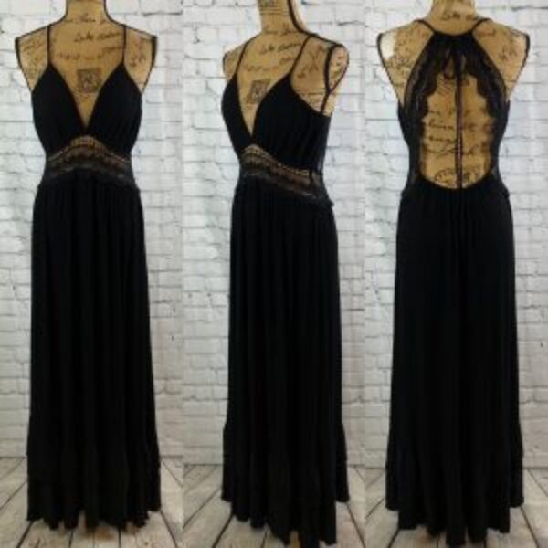 Rue 21 Black Crinkly Lace Trim Open Back Ruffled Maxi