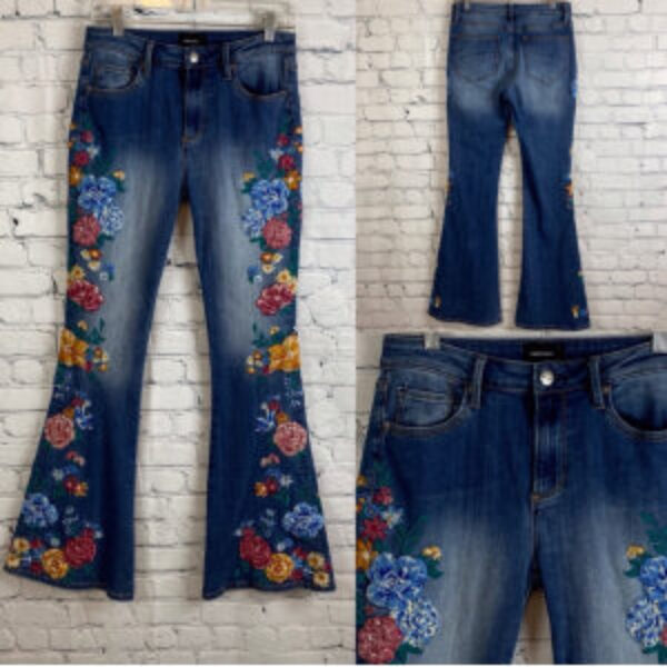 Driftwood Distressed Denim Embroidered/Appliques High Waist BellBottomJeans