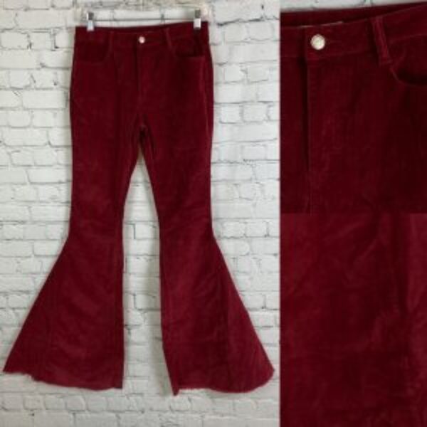 Bestto Wine Colored Corduroy High Waist Bell Bottom Pants