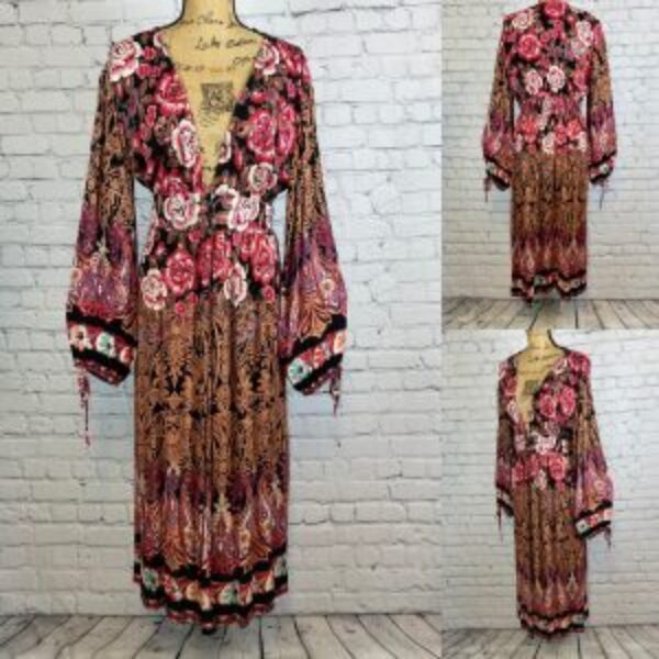 Angie Boho Floral Print Lantern Sleeve Long Kimono