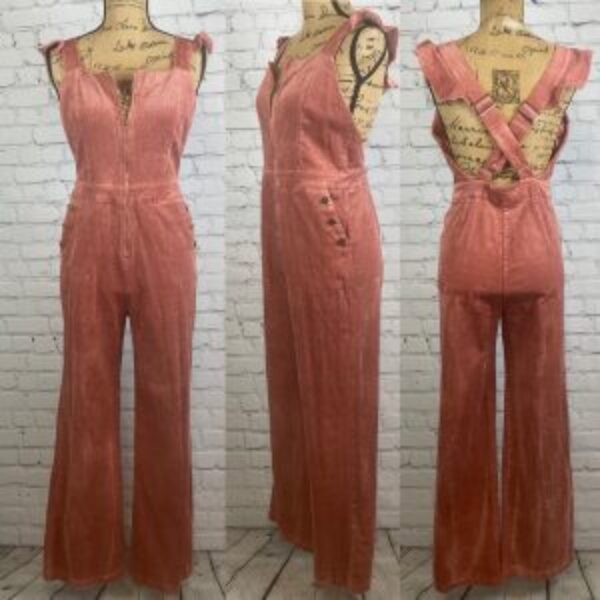 Wild Honey Cinnamon Corduroy Ruffled Strap Wide Leg Jumpsuit