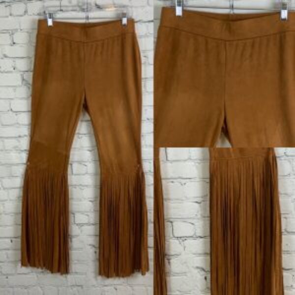 WAY Camel Color Faux Suede Fringe Bell Bottom Pants