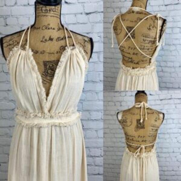 Elan Crinkly Cream Halter Style Fringe Open Back Max