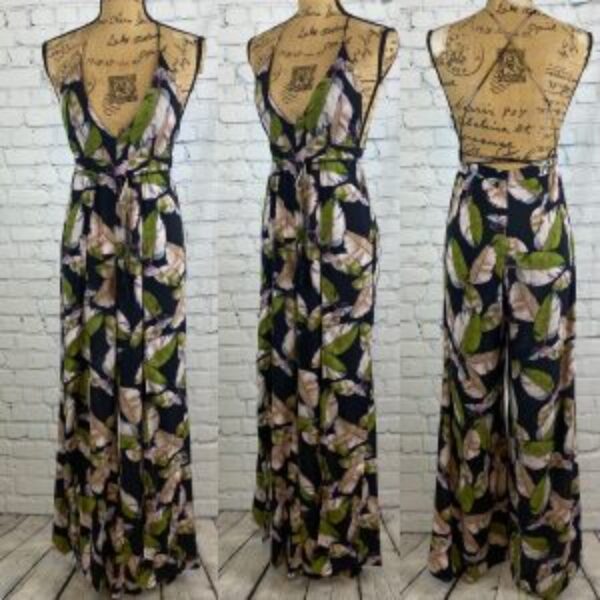 Fab’rik Floral Print Plunge Front Strappy Back Wrap Leg Jumpsuit