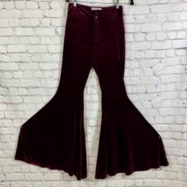 Preself Burgandy Velvet Super Wide Bell Bottom Pants