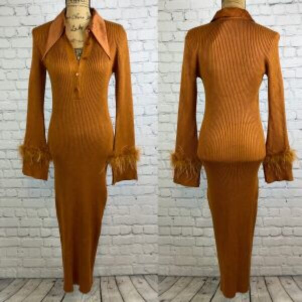 Fashion Nova Rust Ribbed Knit Satin Collared Feather Trim Midi Dress