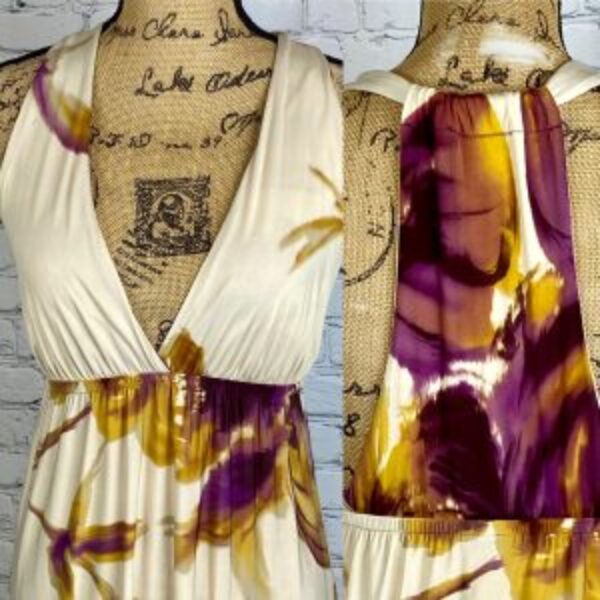 Creme/Purple Floral Print Plunge Front Racerback Maxi