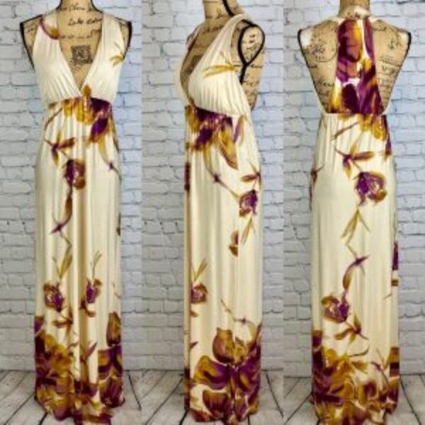 Creme/Purple Floral Print Plunge Front Racerback Maxi