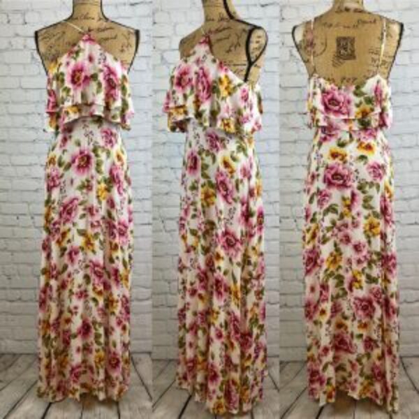 Spy Zone Exchange Crinkly Pink Floral Double Ruffled Choker Neck Maxi